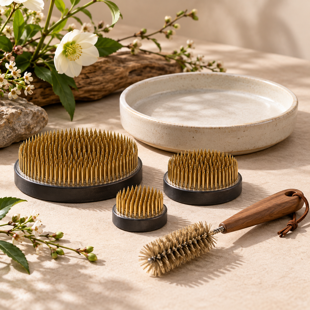 Brass-Tone Ikebana Pin Holder & Tray Kit — product image 1