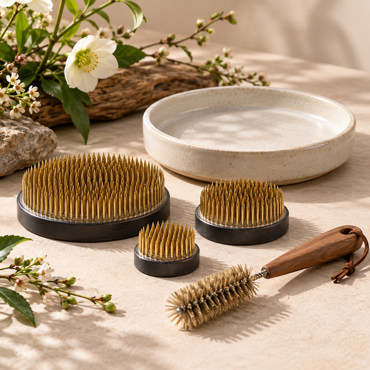Brass-Tone Ikebana Pin Holder & Tray Kit — product image 1