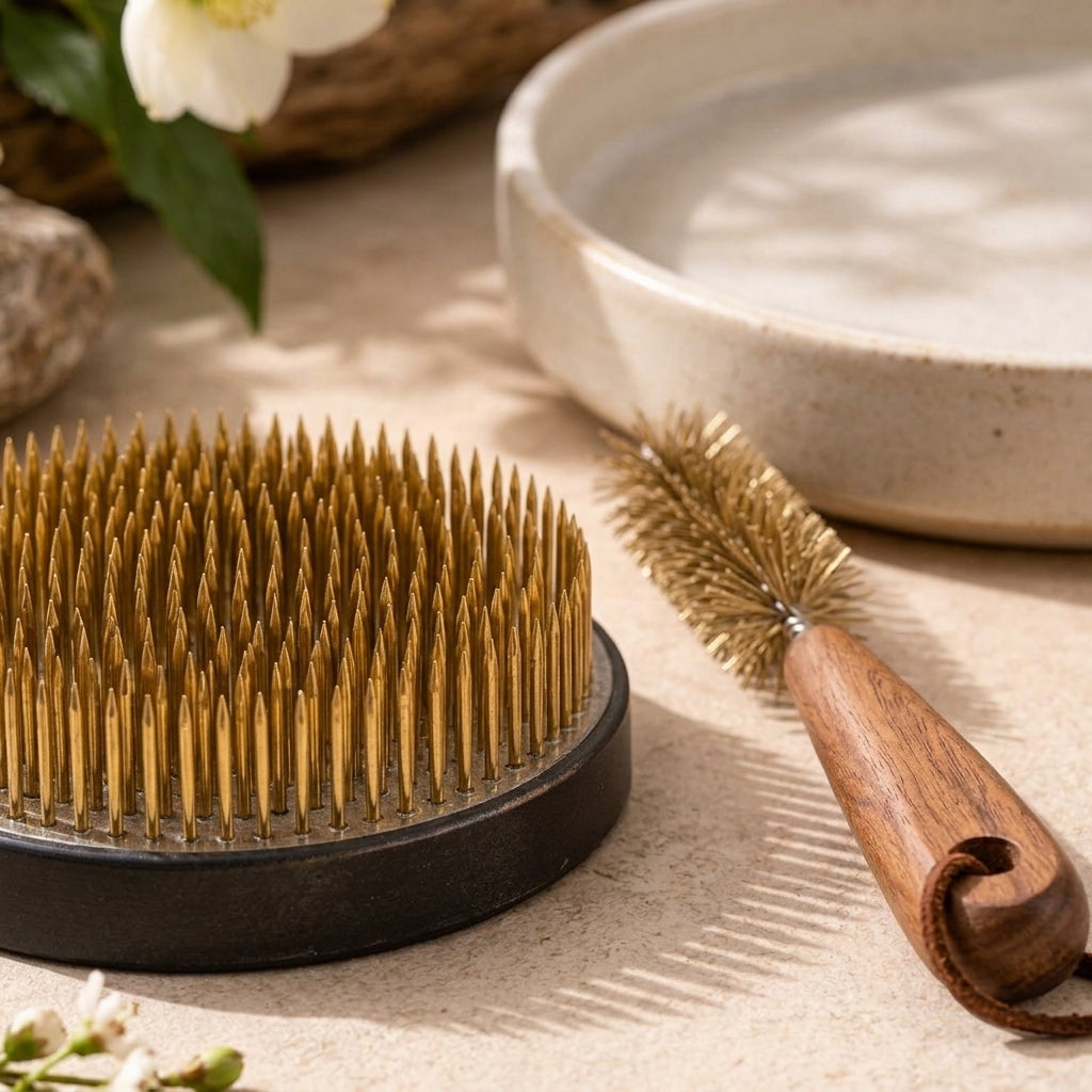 Brass-Tone Ikebana Pin Holder & Tray Kit — product image 3